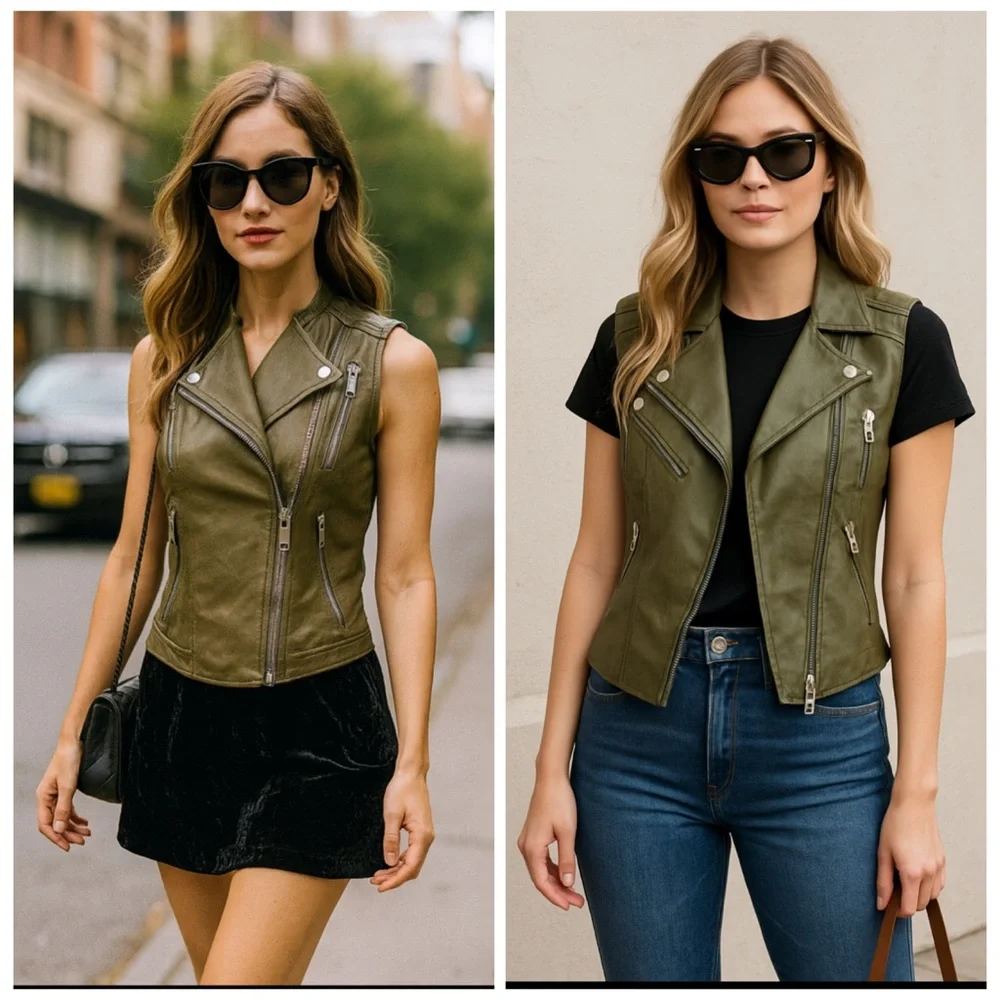 Anine Bing Olive Green Lamb Leather Moto Vest Sleeveless XS
